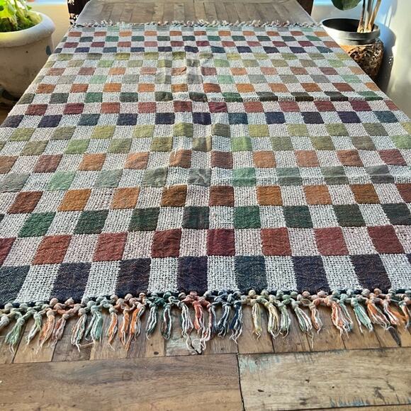Woven Throw Blanket Checkered Multicolor Fringe 58" x 46.5" - Picture 12 of 16